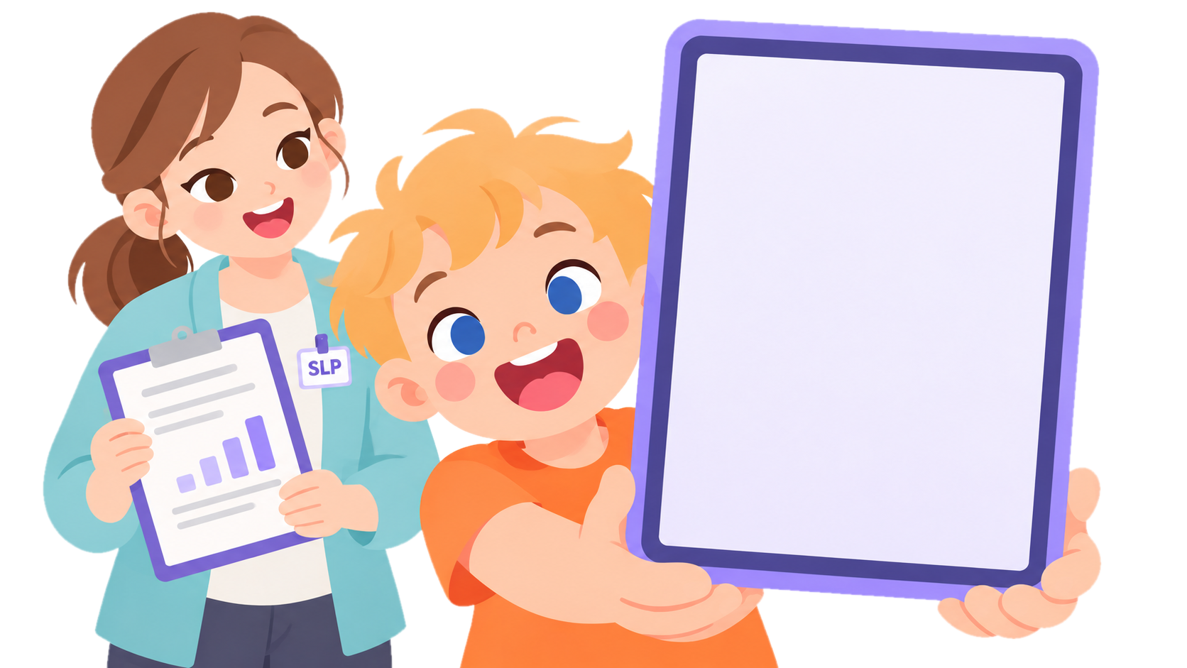 A child holding up SpeechLP on a tablet while a speech therapist looks on