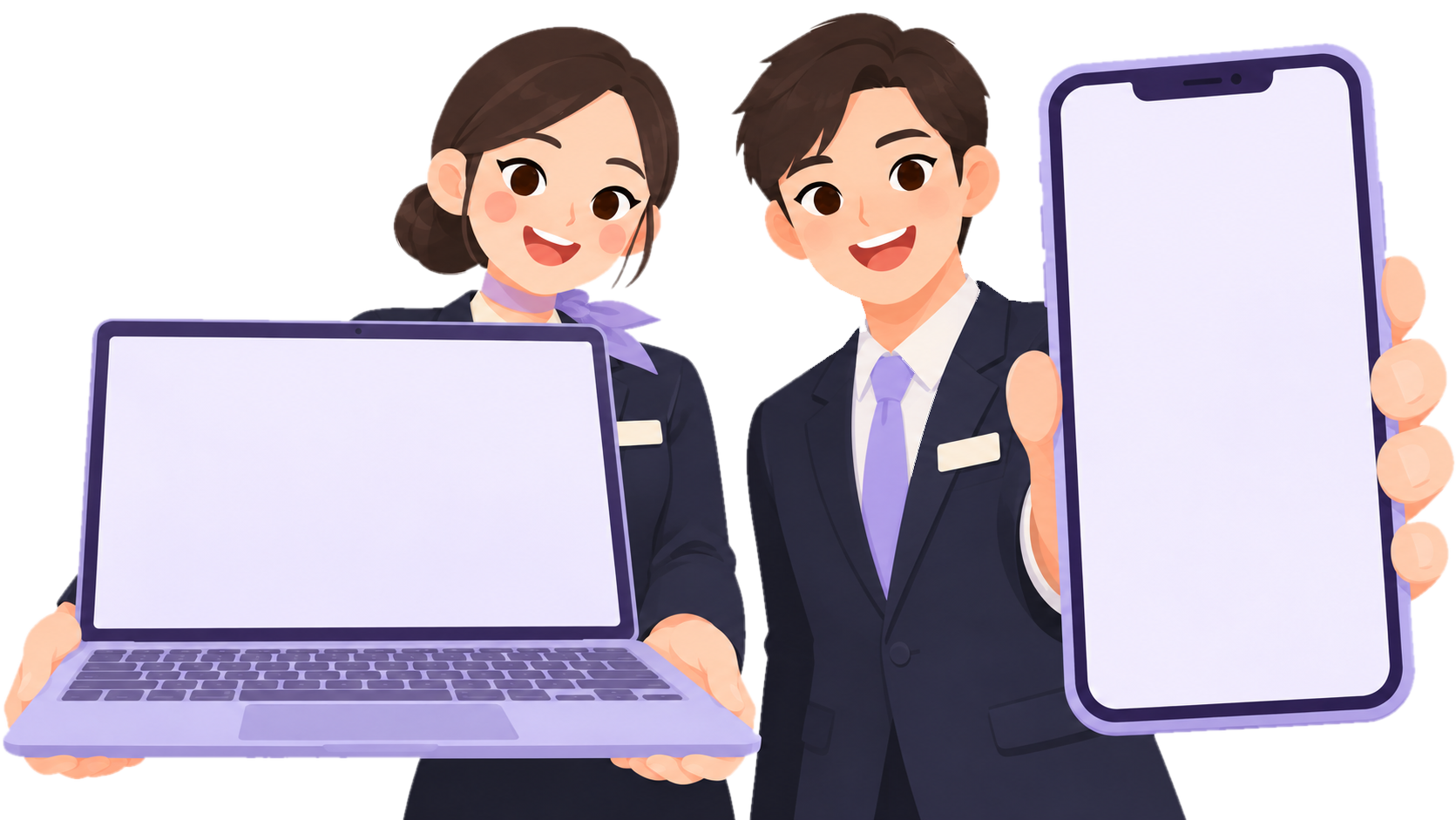 Two Hang Seng Bank staff showing the new website on a laptop and a phone